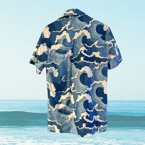 Blue Casual Button Down Shirt with Ocean Wave Design